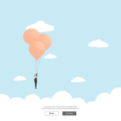 Vector flat businessman with balloon on sky. Success illustration. Business concept of goal, achievement, competition and triumph design.