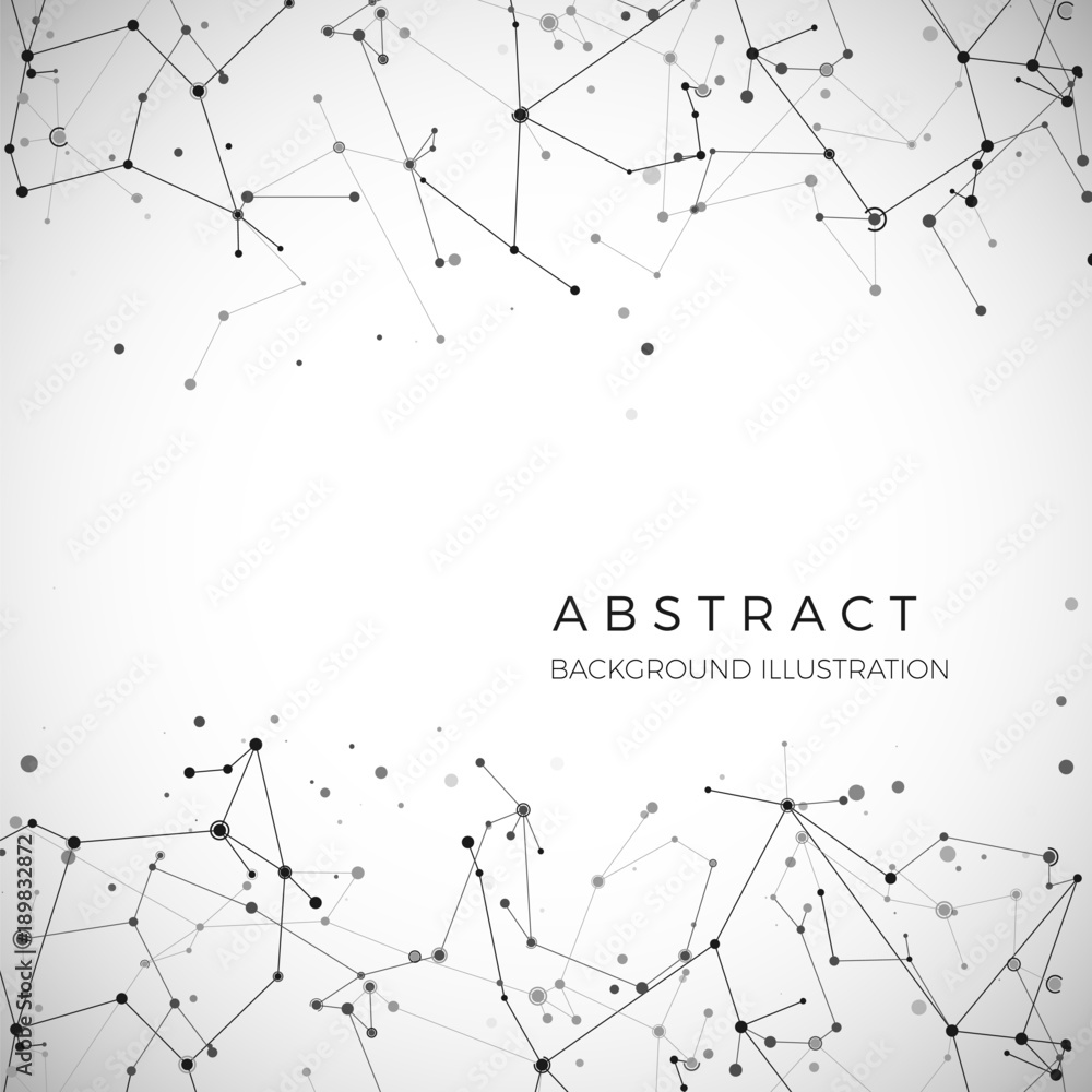 Poster node, dots and lines. abstract particles geometric graphic background. structure of atom, molecule a