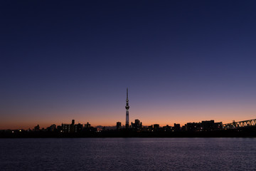 夕暮れの街並みとスカイツリー