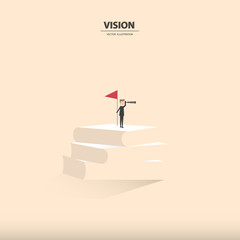 Businessman looking through telescope on top of the books. Business concept of vision, knowledge, leadership, success and challenge. Vector illustration.