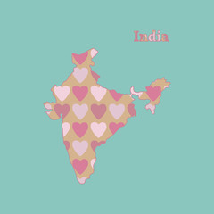 Outline map of  India with a texture of pink and red hearts. Isolated vector illustration on  blue background .