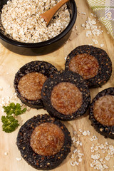 grilled irish black and white pudding with oats