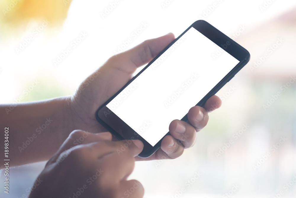 Poster close-up image using modern smartphone device social and checking email or working networking concep