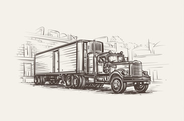 American Old Retro Truck hand drawn illustration. Vector. 
