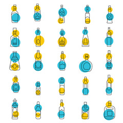 Alcohol bottles line with color circle icons set. Vector illustration alcohol drinks in bottles. Object for advertising and web