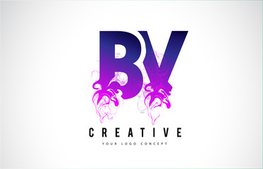 BV B V Purple Letter Logo Design with Liquid Effect Flowing
