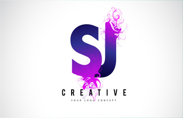 SJ S J Purple Letter Logo Design with Liquid Effect Flowing