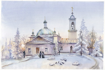 Obraz premium Church, watercolor landscape
