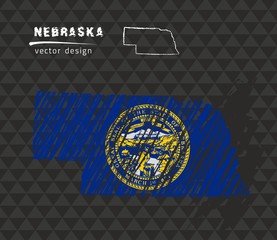 Nebraska map with flag inside on the black background. Chalk sketch vector illustration