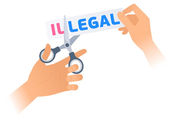 Human hand is using a scissors to cut a word ILLEGAL on the banner. Flat illustration of steel office shears cutting a letters off to get LEGAL. Vector business concept isolated on white background.