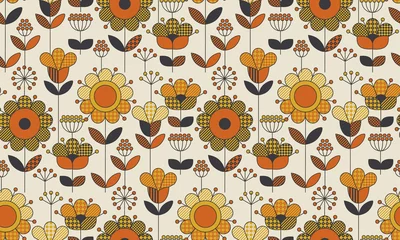Tapeten Retro Stil Einfaches geometrisches nahtloses mit Blumenmuster. Retro-Sonnenblumen-Motiv der 60er Jahre in orange und gelben Herbstfarben. Dekorative Blumenvektorillustration.