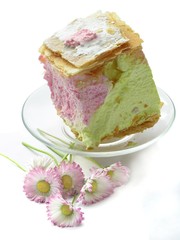 tasty napoleon cake, with pink and yellow creame