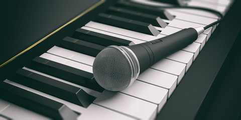 Microphone on piano keys. 3d illustration © Rawf8