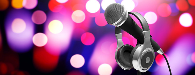 Live music concert concept. Microphone and headphones on stand on bokeh background, banner. 3d illustration