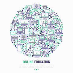 Online education concept in circle with thin line icons: online course, webinar, e-book, video conference, home studying, wise owl in graduation cup. Modern vector illustration for school web page.
