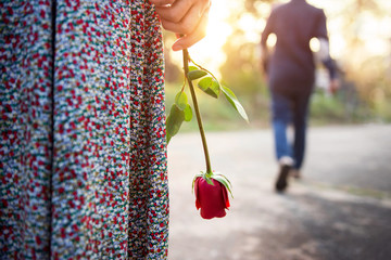 Sadness Love in Ending of Relationship Concept, Broken Heart Woman Standing with a Red Rose on...
