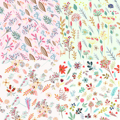 Big set of floral cute patterns with colorful rustic pastel flowers