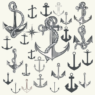 Collection of anchors, labels for logotype or print design in vintage style. Hand drawn set
