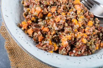 Red rice, lentils and butternut squash with carrot and quinoa in