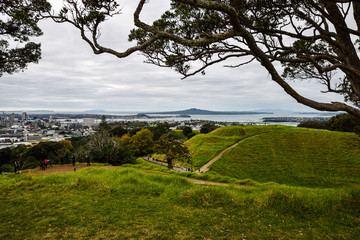 Auckland,New Zealand  -April 29,2016: The crater of Mount Eden with Auckland in the background in New Zealand
