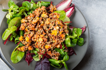 Red rice, lentils and butternut squash with carrot and quinoa in