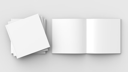 Square brochure, magazine, book or catalog mock up isolated on soft gray background. 3D illustrating.