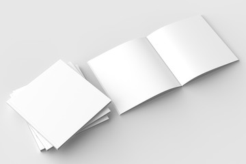 Square brochure, magazine, book or catalog mock up isolated on soft gray background. 3D illustrating.