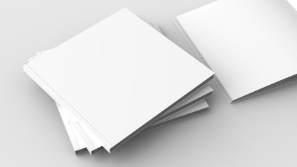 Square brochure, magazine, book or catalog mock up isolated on soft gray background. 3D illustrating.