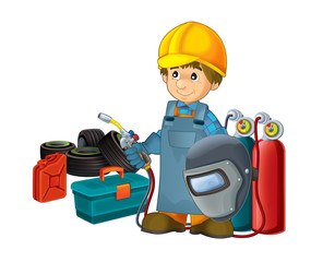 cartoon scene with mechanic worker with wheels tools and petrol canister - on white backgroud for different usage - illustration for children