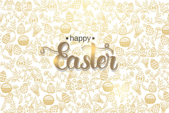 Easter poster with hand made trendy lettering "Happy Easter" and golden paschal symbols in sketch style. Banner, flyer, brochure. Background for holidays, postcards, websites