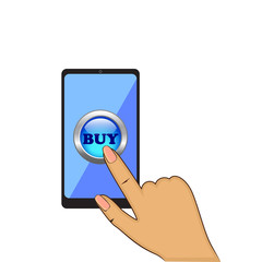 Woman finger pointing or pressing on buy button on the mobile screen mobile, vector illustration. Online shopping concept.