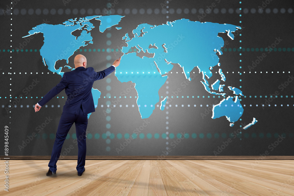 Poster businessman in front of a wall with a connected world map on a uniform background - 3d render