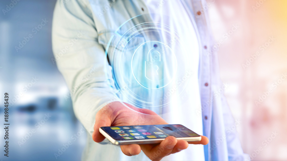 Poster businessman using a smartphone with a shinny technologic locker security button - 3d render