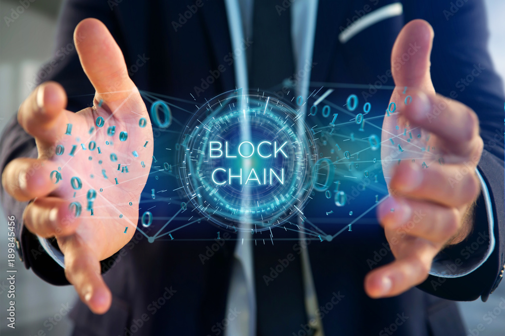 Poster blockchain title with 0 and 1 data flying over