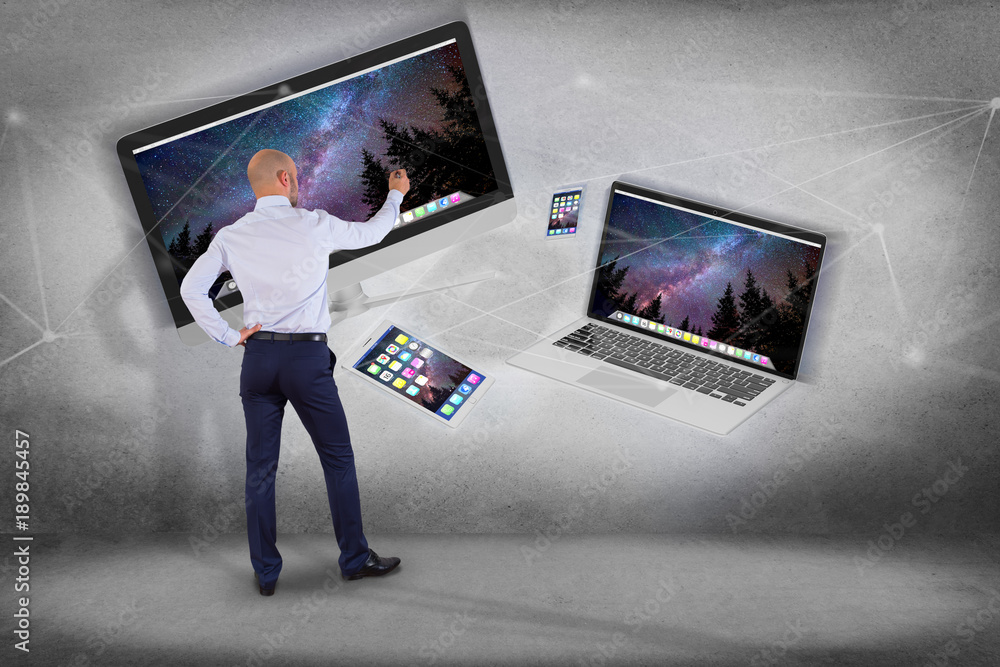 Poster devices like smartphone, tablet or computer flying over connection network - 3d render