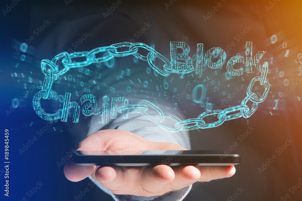 Poster blockchain title with a cahin made of data number - 3d render