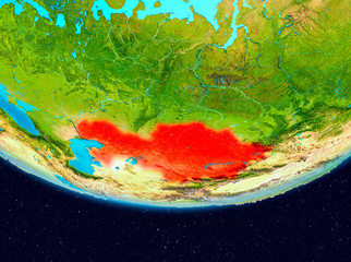 Satellite view of Kazakhstan in red