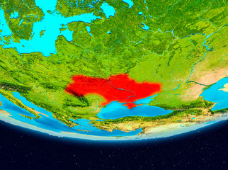 Satellite view of Ukraine in red