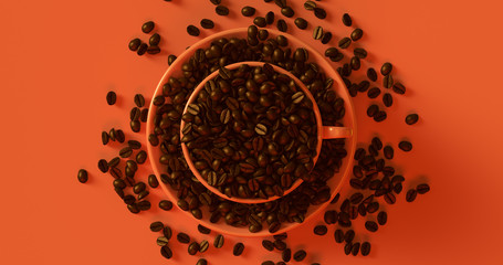 Orange Coffee Cup an Saucer Full Of Coffee Beans 3d illustration