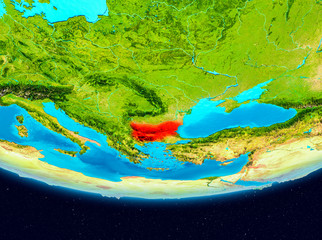 Satellite view of Bulgaria in red
