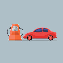 Gas fueling station. Oil industry. Shop near the road. Red car urban landscape. Flat vector illustration