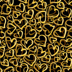 Heart. Seamless pattern. Golden woven graphic hearts on a black background. 3d. Vector illustration.