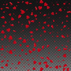 3d hearts valentine background. Scattered pattern on transparent grid dark background. 3d hearts valentines day unique design. Vector illustration.