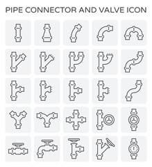 Pipe icon and flange fitting. Include control valve and pressure gauge. For pipeline construction and transportation liquid or gas i.e. oil, natural gas. Also for sewage, plumbing and irrigation.