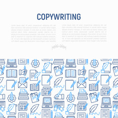 Copywriting concept with thin line icons: letter, e-mail, book, blogging, hand with pen, feather, typewriter, article, seo. Modern vector illustration for web page template, banner.