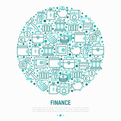 Finance concept in circle with thin line icons: safe, credit card, piggy bank, wallet, currency exchange, hammer, agreement, handshake, atm slot. Modern vector illustration for web page, print media.