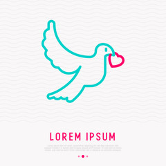 Dove with heart in the beak thin line icon. Modern vector illustration, symbol of love at Valentine's day or wedding.