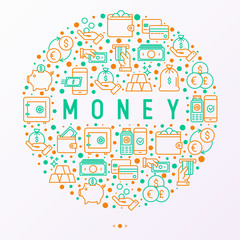 Money concept in circle with thin line icons: cash, credit card, pos terminal, piggy bank, wallet, hand with coins, bag of gold. Modern vector illustration for banner, print media, web page.