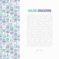 Online education concept with thin line icons: online course, webinar, e-book, video conference, home studying, wise owl in graduation cup. Modern vector illustration for school web page.