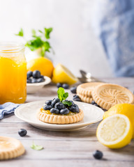 Homemade shortbread tartlet with lemon curd and fresh blueberries on white wooden background. Holiday food concept with copy space.